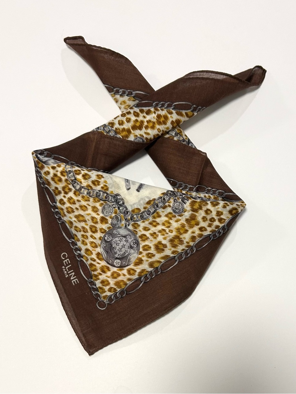 FENDI HANDKERCHIEF COTTON Brown Leopard Tiger Print Gold Chain POCKET SQUARE 19”